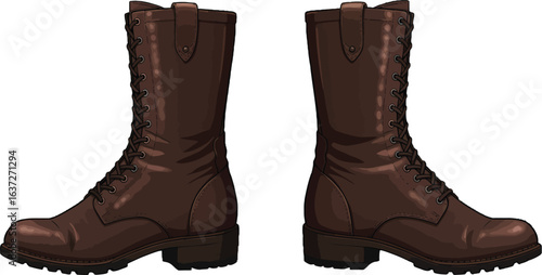Two brown vintage leather boots with laces and sturdy heel detail illustration