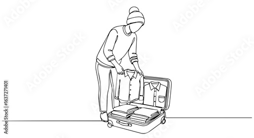 Line art illustration of suitcase packing with minimalist design elements depicting travel preparation. Suitcase packing shows meticulous arrangement of clothing and accessories for organized travel.