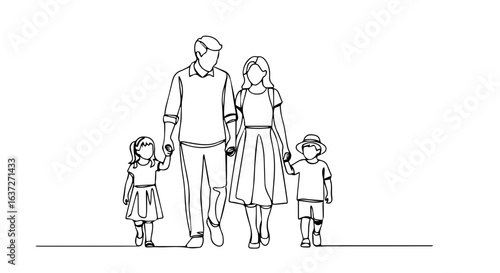 Family trip illustration shows family with two children walking forward hand in hand, simple line art. Family trip concept highlights family bond and love for each other.