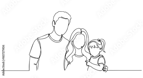 Family trip line art illustration showing mother, father, and daughter. Family trip concept, simple line drawing of family members close to each other, embracing in happiness.
