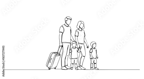Minimalist family trip illustration depicts parents and children ready for travel with suitcase. Concept family trip shows togetherness, vacation time,