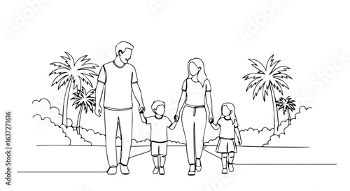 Family trip line art shows parents with kids holding hands and walking in nature. Family trip illustration captures happy parents with their children enjoying vacation time.