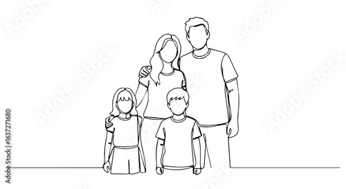 Family trip showing mother, father, son, and daughter in a single continuous line illustration on white background. Family trip portrays togetherness and a minimalist concept,