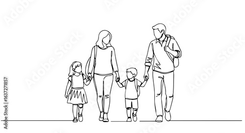 Family trip depicted in continuous line art shows mother, father, daughter and son holding hands, walking together, symbolizing togetherness and shared experiences,