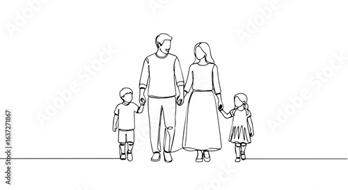 Summer weekend with family, walking together holding hands as seen in a line drawing. Family on summer weekend stroll enjoying sunshine and fresh air together.