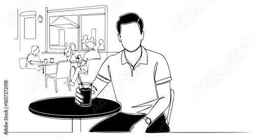 Stylish summer weekend at cozy cafe with man enjoying refreshment. Enjoy summer weekend with coffee or refreshing drink at popular urban cafe. Summer weekend concept with man drinking at his leisure,