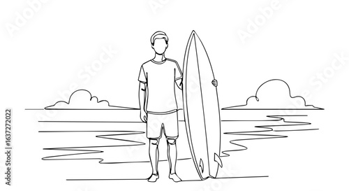 Summer weekend illustration of surfer standing on beach, surfboard under arm, enjoying summer vibes. Summer weekend scene includes ocean, sky, and clouds.