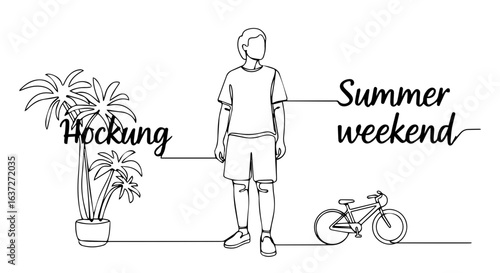 Summer weekend illustration of a person standing near a bike and plants depicted with a single line drawing. Summer weekend embodies carefree lifestyle.