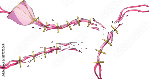 Abstract illustration featuring fragmentation and repair of pink fabric