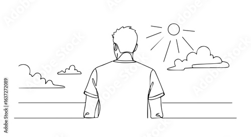Summer weekend getaway in hand drawn doodle style, man observes horizon. Summer weekend relaxation includes sun above with rays. Enjoy summer weekend, perfect for blog posts about vacation time.