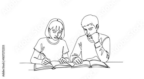 Help homework session with two students studying together at desk. Students diligently working on assignments using textbooks and notebooks. Educational concept help homework for students, teachers,