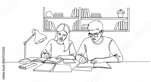 Students help homework together at desk with books and lamp.  Diligent students studying hard prepare for exam.  Concept help homework for education projects and school posters.