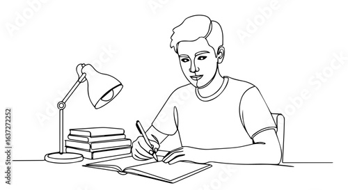 Student diligently doing homework at desk with lamp and books. Focused young man completing school assignments late at night.