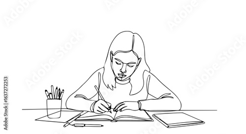Girl diligently completing homework assignment at desk. Student attentively writing in notebook, surrounded by pencils and additional papers.