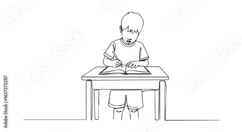 Child doing homework at small table. Boy diligently completes school assignment.  Focused child works on educational tasks. This simple homework illustration is perfect for educational resources,