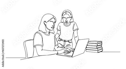 Help homework session with teacher and student using laptop computer.  Teacher assists student with online learning and research using digital resources.