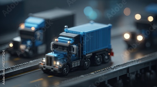 Low-poly trucks on a dark road