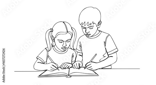 Help homework children studying together at table. Girl and boy complete school assignment.  Students help each other with learning.  Help homework concept for educational projects.