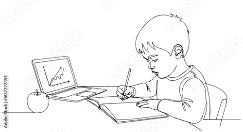 Child doing homework at desk with laptop and apple.  Focused young student diligently completes school assignment.  Homework session depicts concentration and learning.
