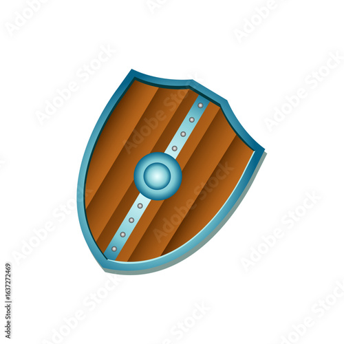 Cartoon medieval wooden shield with metal trim vector illustration