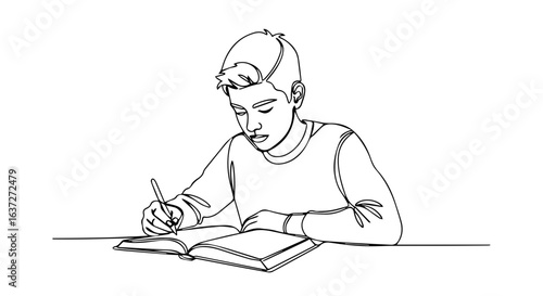 Help homework image shows focused teenager diligently writing in notebook at desk. Help homework session involves concentrated student completing assignments.