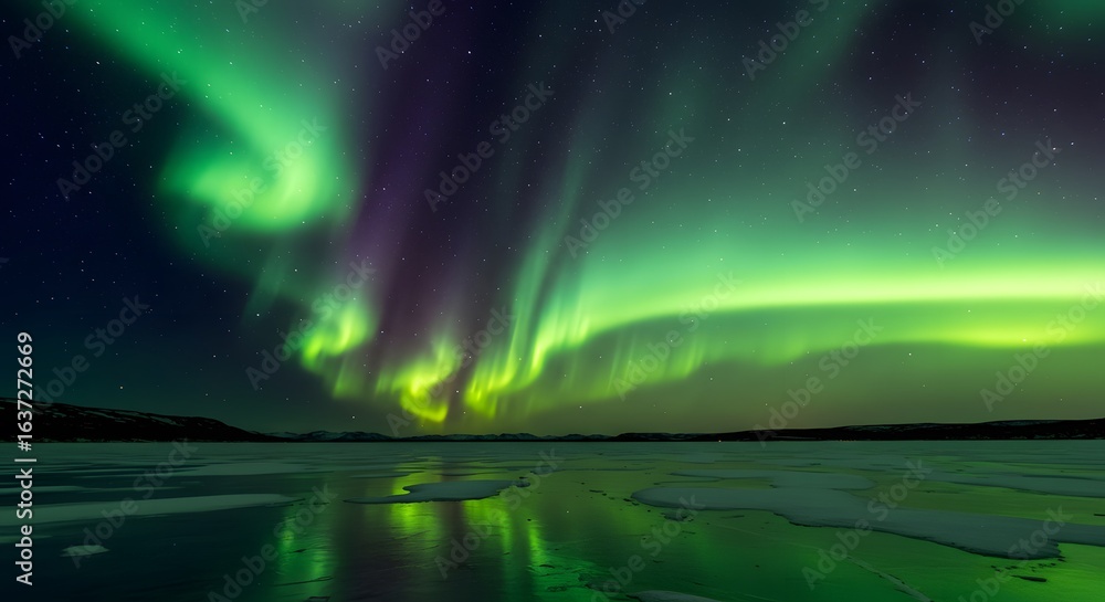 Naklejka premium A breathtaking celestial display of the aurora borealis with vibrant green and purple lights dancing over a frozen arctic lake.