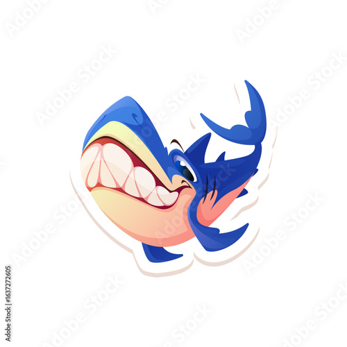 A funny blue shark cartoon mascot with a big toothy smile vector