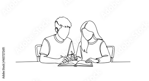 Help homework session with teenage girl and boy studying together at table. Students share textbook, preparing for exam.  Help homework concept for educational resources, online tutoring ads,