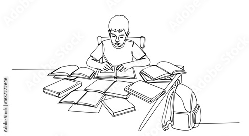 Boy doing help homework with textbooks and pencil on desk, help homework represents study and focus. He writes in open book, surrounded by more books, symbolizing intensive help homework,