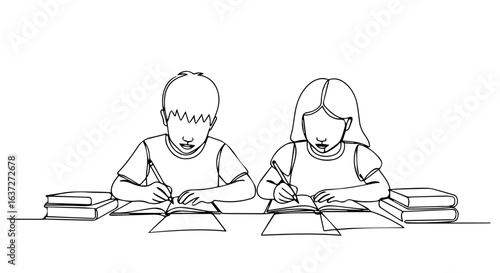 Help homework session with boy and girl students diligently working together at desk.  Focused children completing school assignments using books and pencils.
