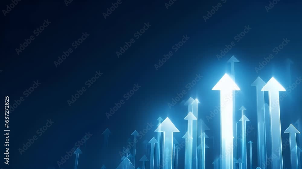 
Blue background with glowing arrows pointing upwards, representing growth and success in business or technology. Vector illustration of an upward arrow graph on a blue banner for web design