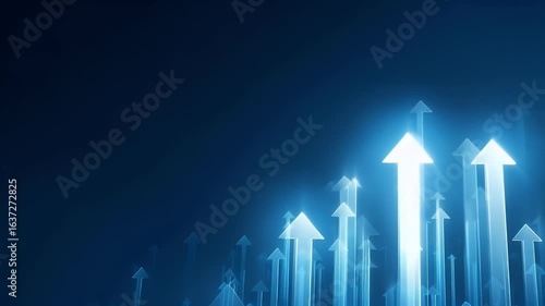 
Blue background with glowing arrows pointing upwards, representing growth and success in business or technology. Vector illustration of an upward arrow graph on a blue banner for web design