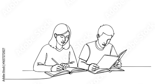 Students studying, getting help homework completed, showing dedication to education. Pair works on homework together in simple sketched line illustration.