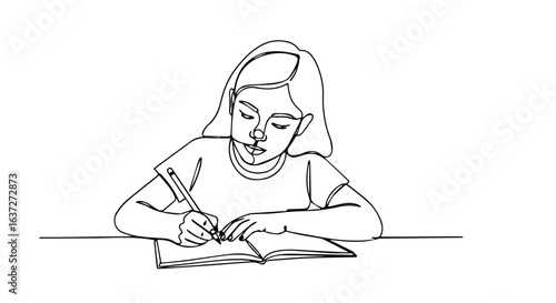 Young student focused on help homework assignment, a single-line drawing on white background. Help homework and writing exercises engage her,