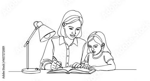 Assistance with homework showing mother teaching daughter in study room with table lamp. Assistance with homework concept shows parent helping child while studying at home.