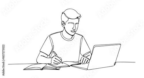 Student studying, diligently focused on completing help homework assignments with laptop and notebook on desk. Study with concentration to succeed in help homework.