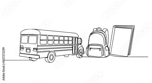 School shopping is symbolized in this minimalist single line art of bus with school supplies for students, depicted in continuous line style.