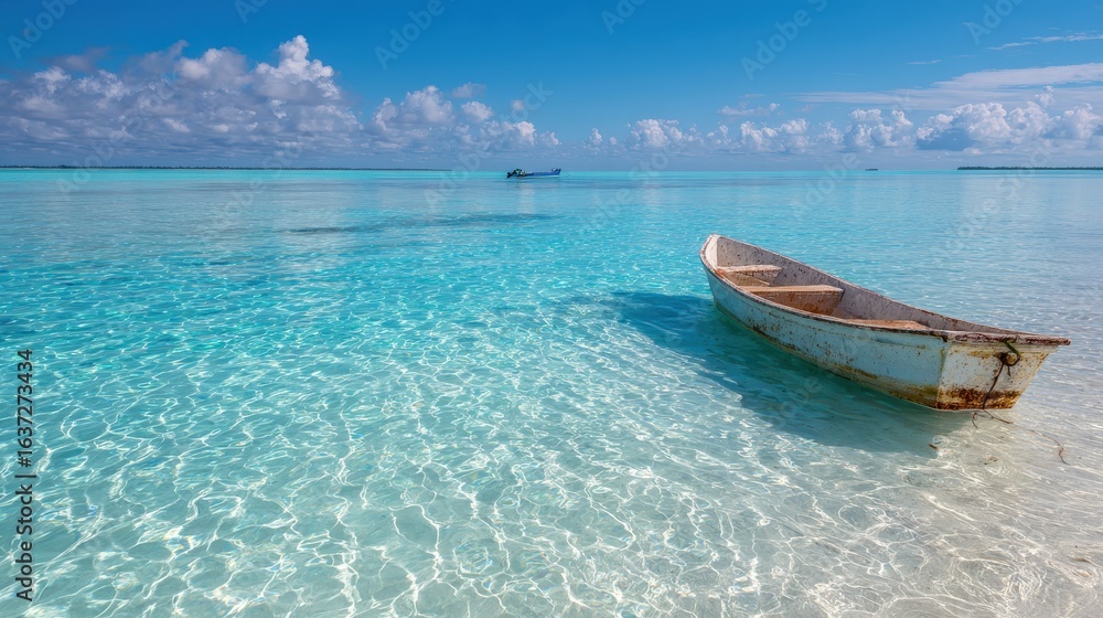 A peaceful tropical beach with crystal-clear water and a small boat in the distance, isolated on a white background A peaceful tropical beach with crystal-clear water and a small boat in the distance, isolated on a white background
