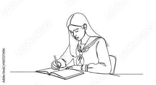Girl in school uniform writing in her notebook, capturing concentration and dedication. School uniform signifies academic pursuits and diligent study.
