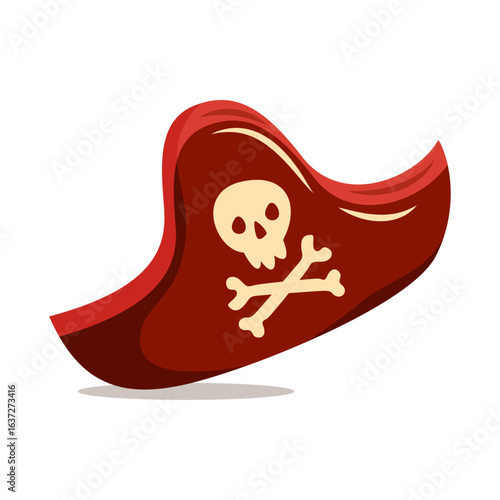 A red cartoon pirate hat with a skull and crossbones emblem