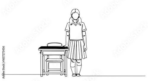 School uniform illustration shows a student standing next to desk, drawn with simple lines. School uniform is a typical form of attire for primary and secondary education in many countries.