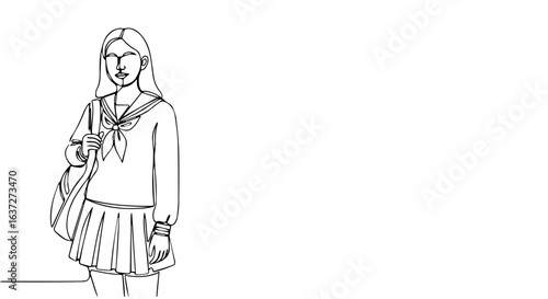 School uniform outline shows a young girl in typical clothing, with single stroke. School uniform design shows classic pleated skirt and necktie, youthful and pretty.