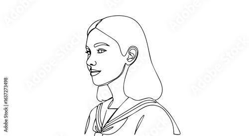 School uniform illustration shows young woman in single line art. School uniform attire symbolizes youth, innocence, and discipline in education.