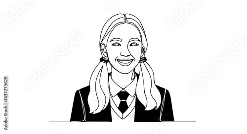 School uniform portrait shows smiling young girl with tied hair, happy and confident in her attire. School uniform attire reflects formal style with a cheerful expression,