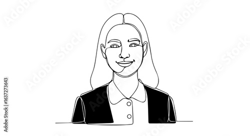 School uniform portrait showcases young woman wearing collared shirt and jacket in monochrome style. This school uniform portrait highlights woman's smile, creating approachable yet professional look.