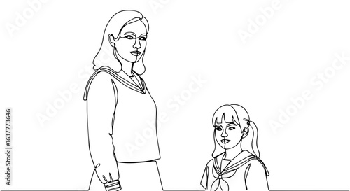 School uniform line drawing showcases an adult woman alongside a young girl, both in matching school attire. Drawing highlights youth and education, ideal for back to school promotions.