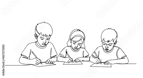 Kids writing on paper with pens in classroom, elementary students engaged in focused work. Depicts kids writing, learning, and developing fine motor skills during educational exercises.