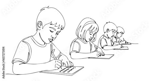 Kids writing at school with pencils on their desks during an exam or lesson, kids writing with intense focus. Students doing schoolwork with great attention,