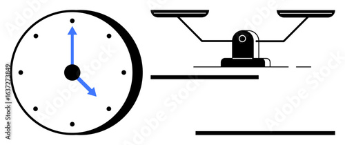 Analog clock with blue arrows and balance scale symbolizing time management, justice, equality, and decision-making. Ideal for themes thumbs up law, ethics, productivity, equality, prioritization