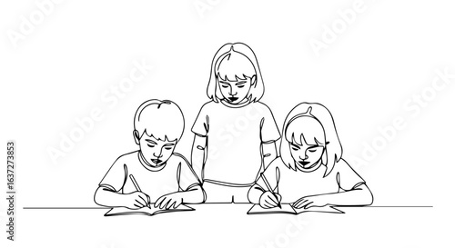 Kids writing together presents an adorable scene, children focused on studies. Kids writing and children focused, capturing moments of learning and creativity.